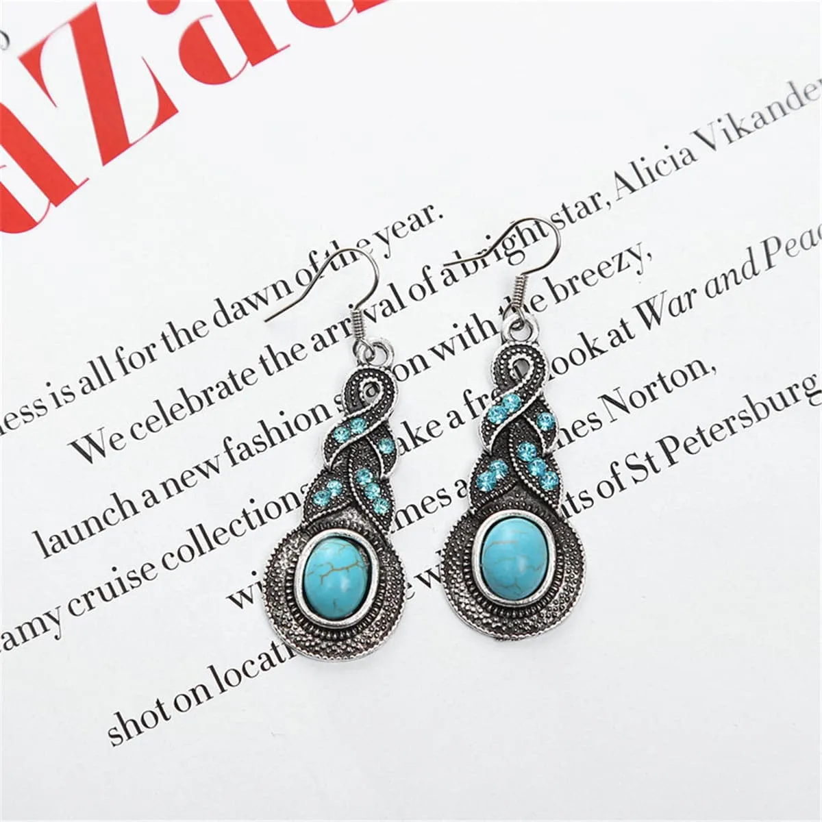 Cubic Zirconia & Turquoise Silver-Plated Twist Drop Earrings