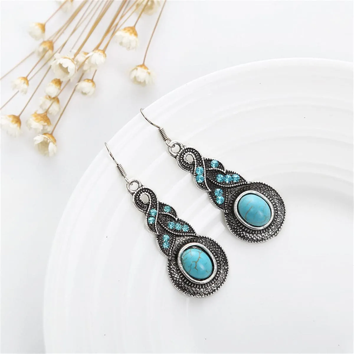 Cubic Zirconia & Turquoise Silver-Plated Twist Drop Earrings