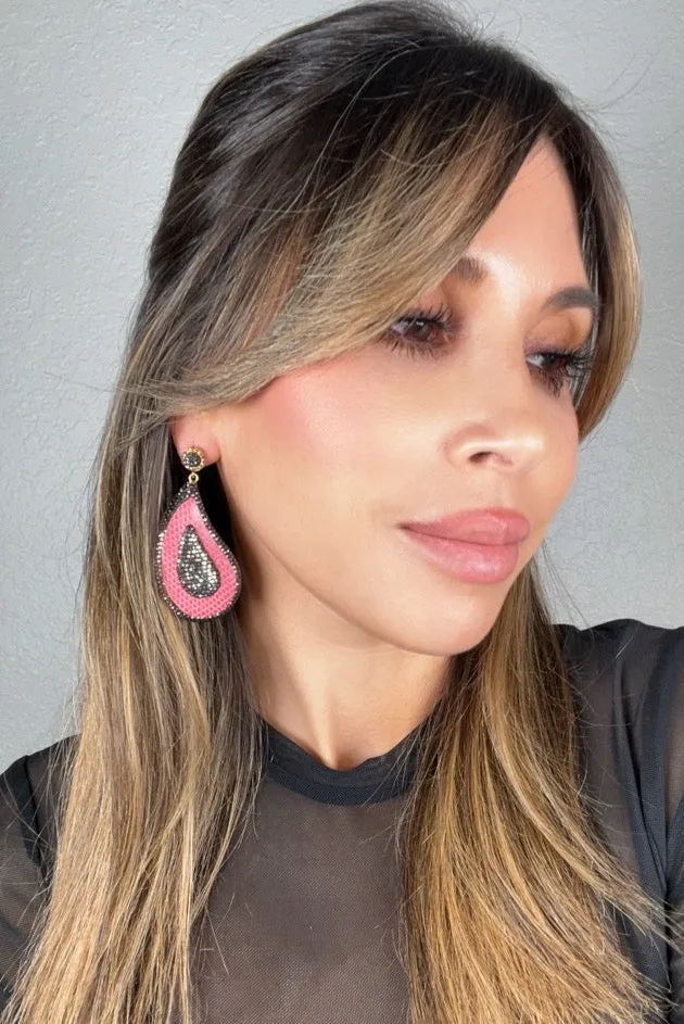 Curved Teardrop Leather & Crystal Drop Earrings