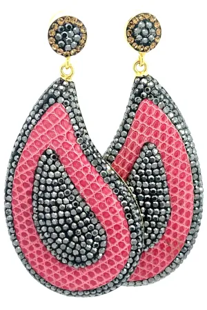 Curved Teardrop Leather & Crystal Drop Earrings