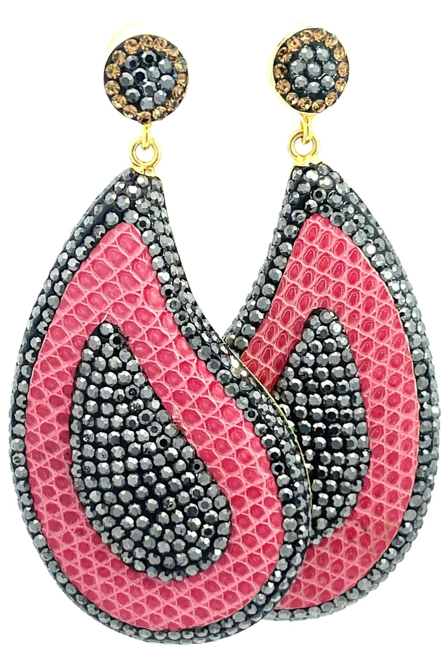 Curved Teardrop Leather & Crystal Drop Earrings