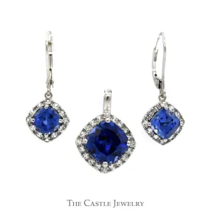 Cushion Cut Sapphire with White Topaz Halo Pendant & Earring Set in 10k White Gold