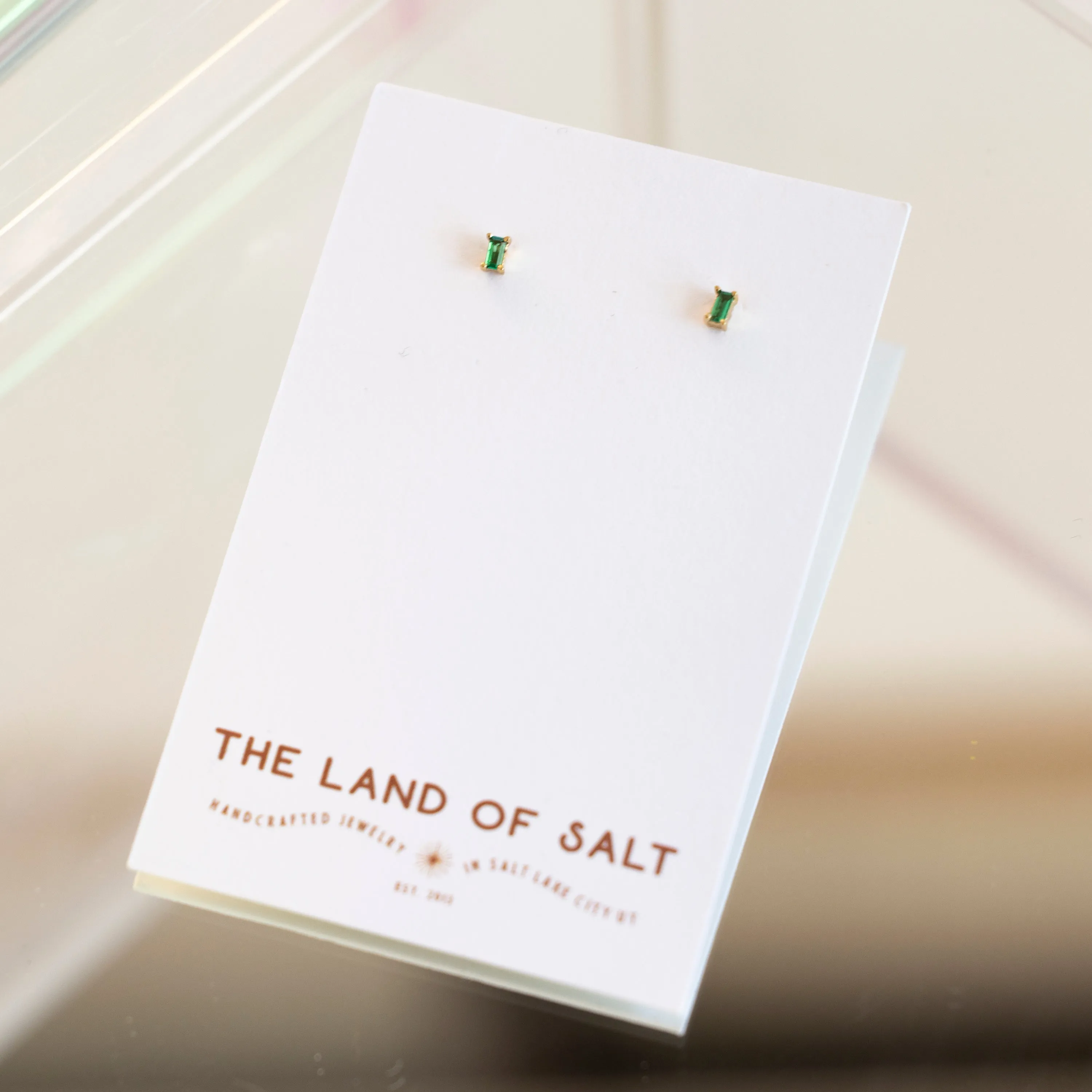 Dara Emerald Baguette Stud Earrings in Gold