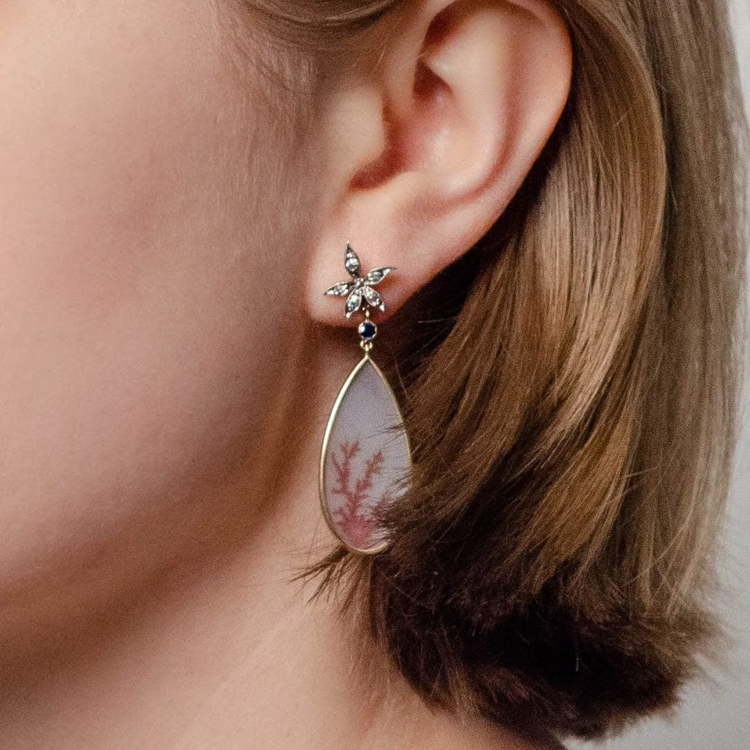 Dendritic Agate and Diamond Flower Earrings of 14k Gold