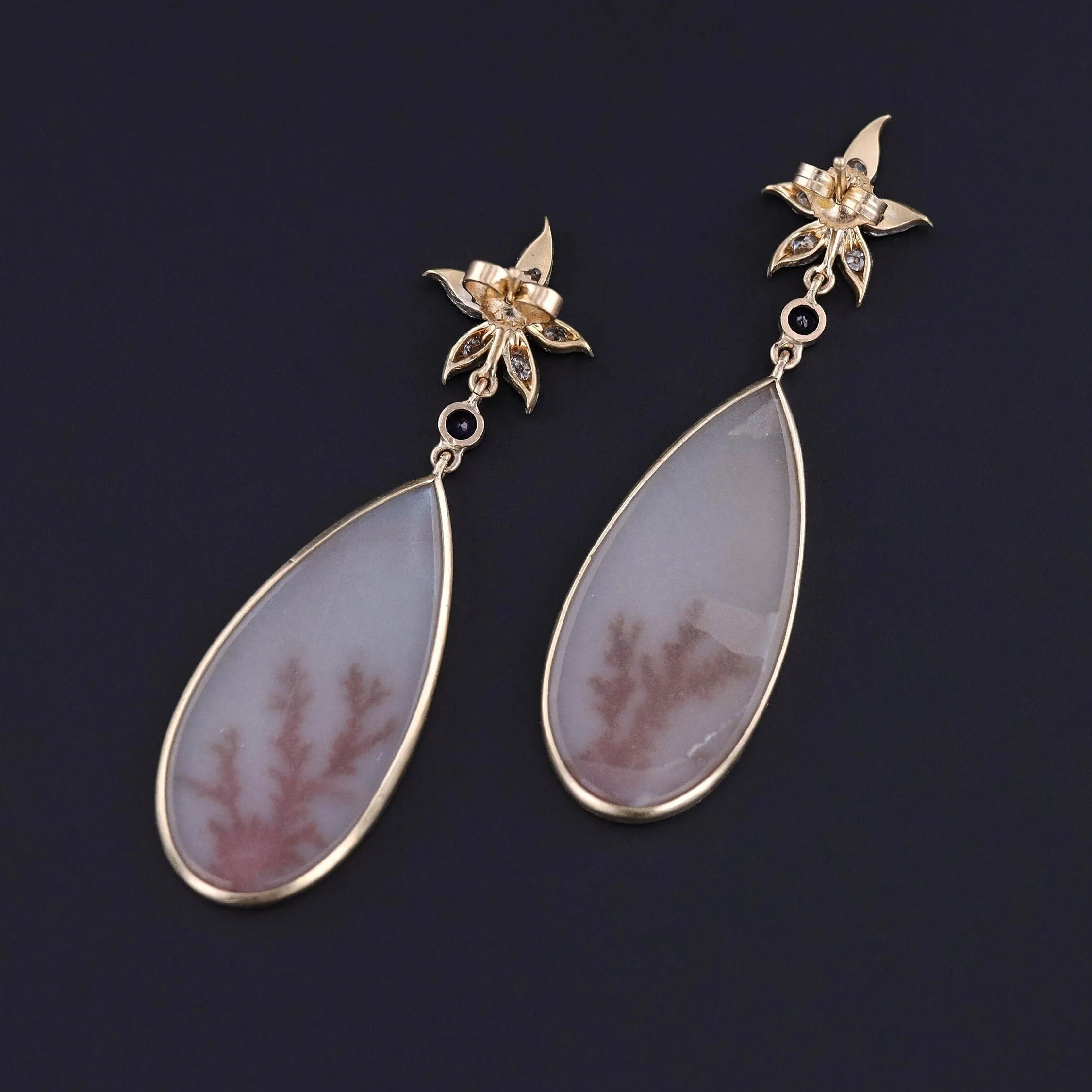 Dendritic Agate and Diamond Flower Earrings of 14k Gold