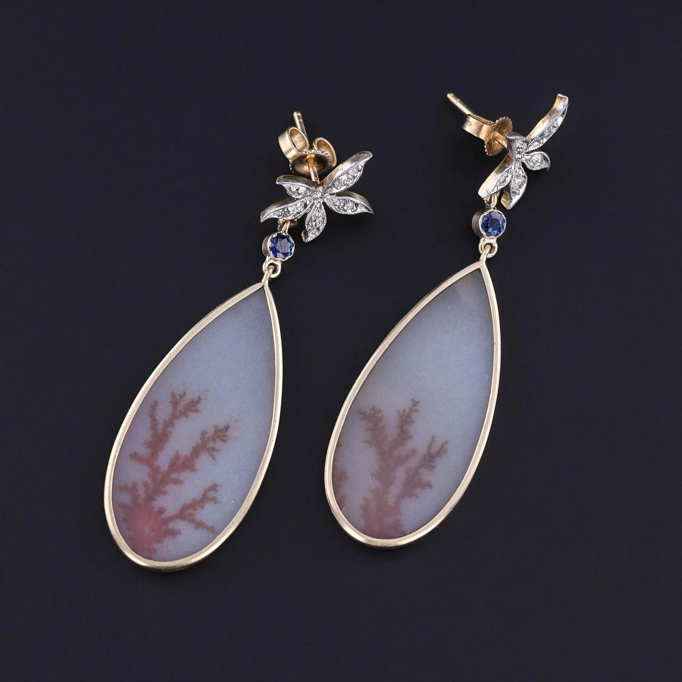 Dendritic Agate and Diamond Flower Earrings of 14k Gold