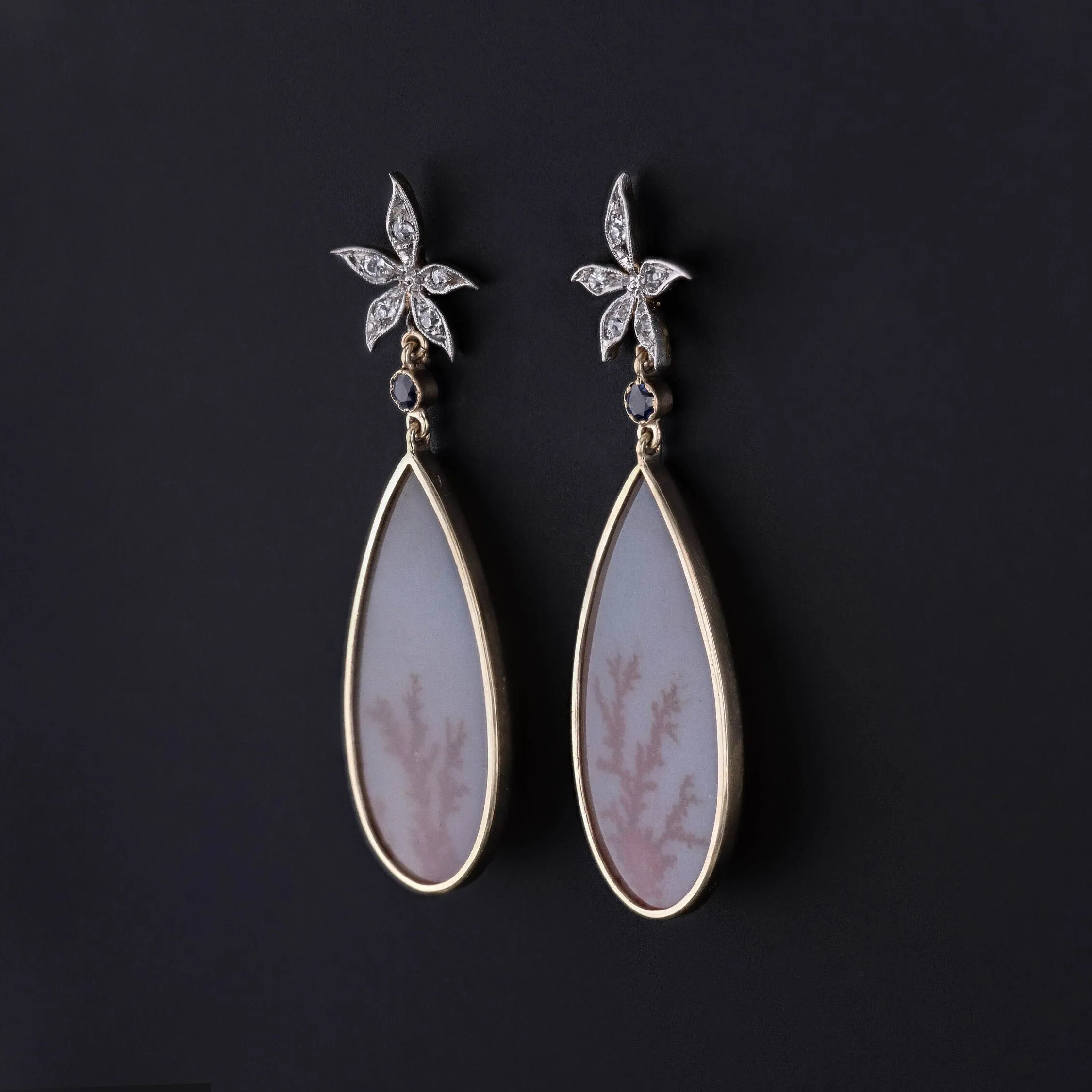 Dendritic Agate and Diamond Flower Earrings of 14k Gold