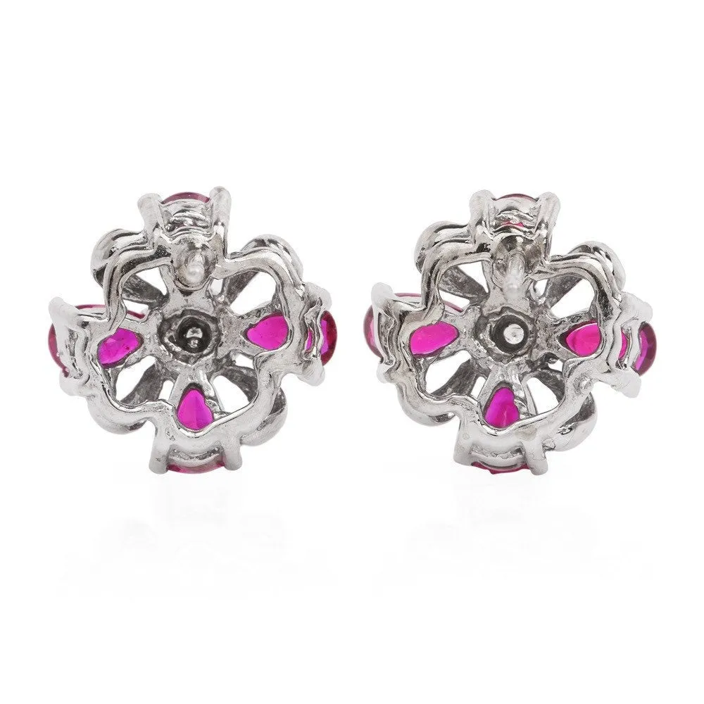 Diamond & Ruby 14K Gold Floral Motif Stud Earrings with Push Backs for Pierced Ears