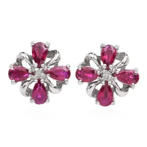Diamond & Ruby 14K Gold Floral Motif Stud Earrings with Push Backs for Pierced Ears