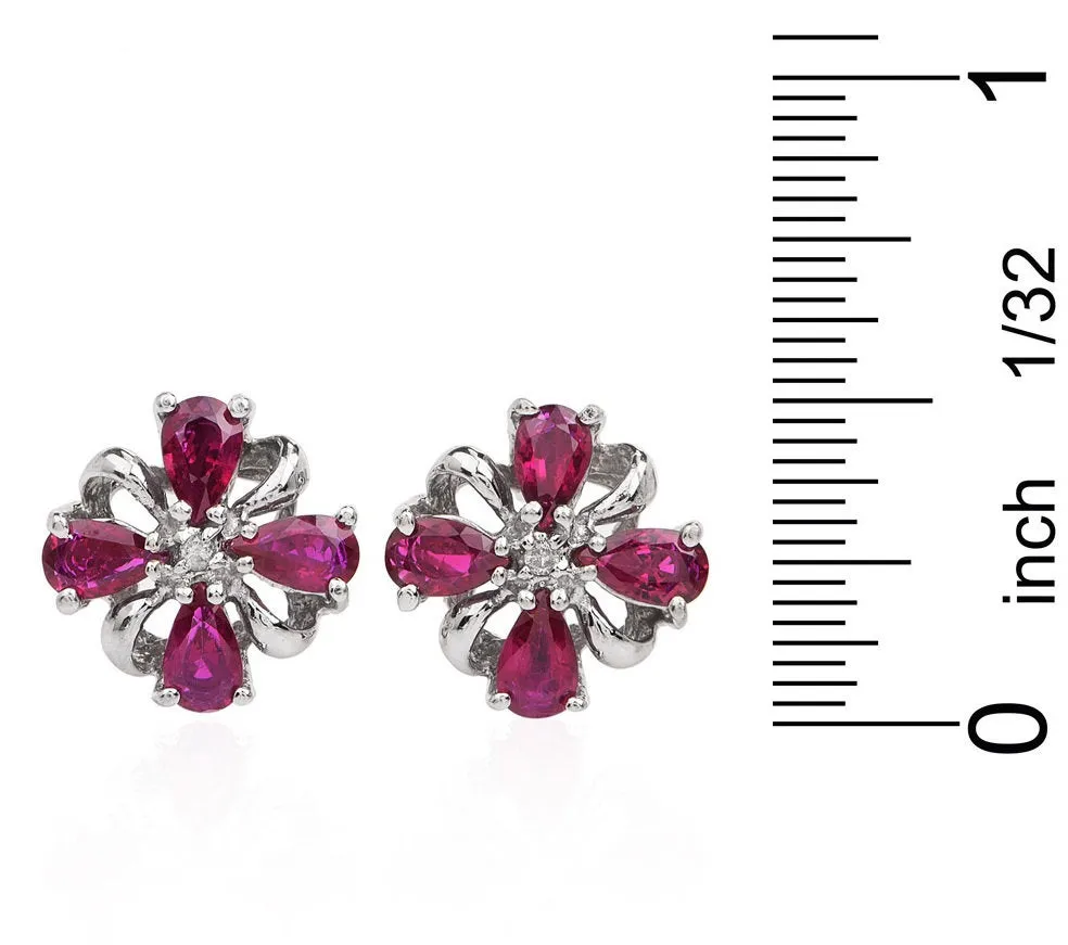 Diamond & Ruby 14K Gold Floral Motif Stud Earrings with Push Backs for Pierced Ears