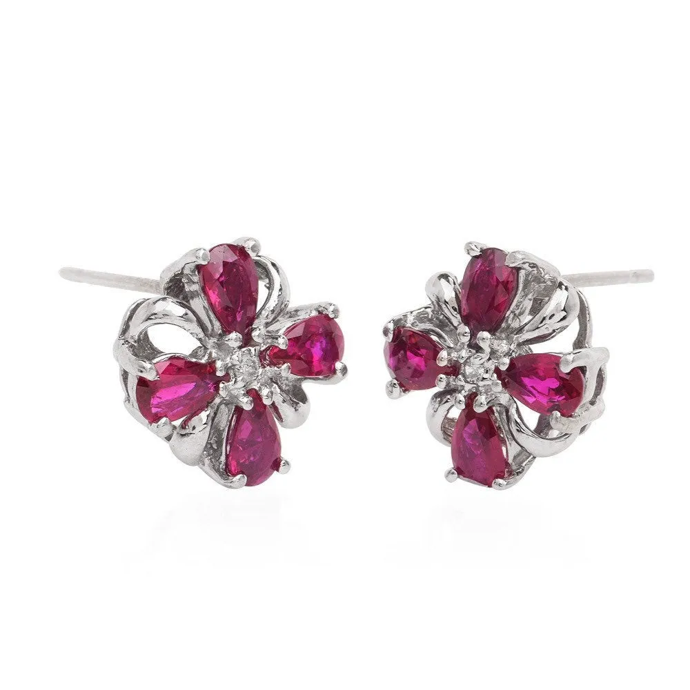 Diamond & Ruby 14K Gold Floral Motif Stud Earrings with Push Backs for Pierced Ears
