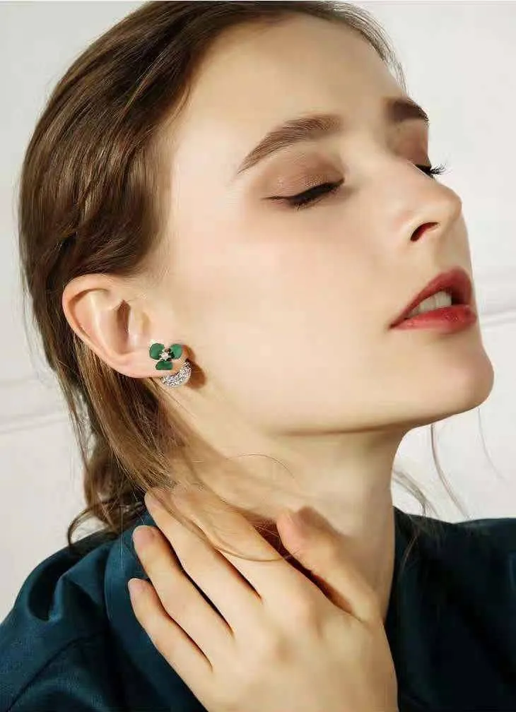 Diamond Deep Green Flower Double-sided Pearl Earrings