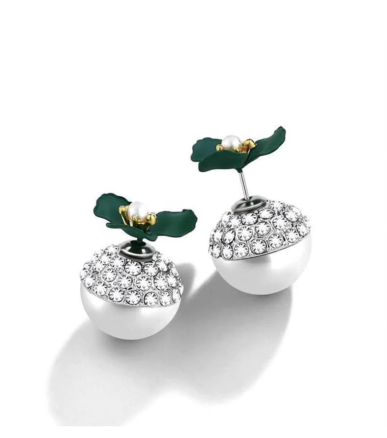 Diamond Deep Green Flower Double-sided Pearl Earrings