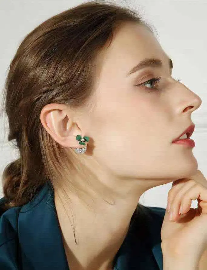 Diamond Deep Green Flower Double-sided Pearl Earrings