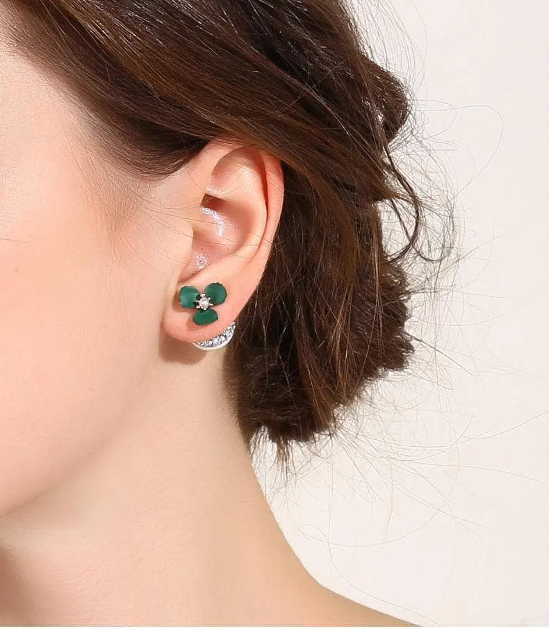 Diamond Deep Green Flower Double-sided Pearl Earrings