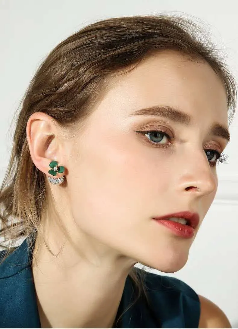 Diamond Deep Green Flower Double-sided Pearl Earrings