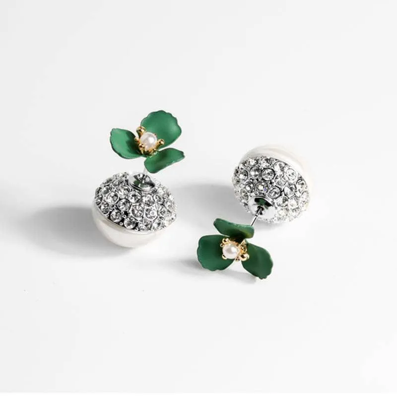 Diamond Deep Green Flower Double-sided Pearl Earrings