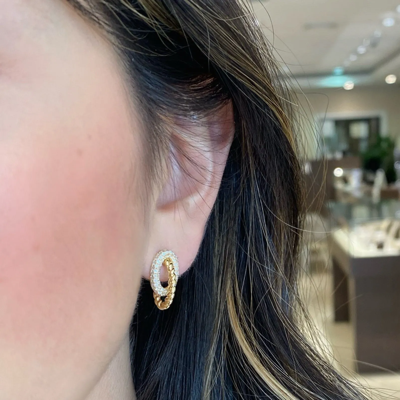 Diamond Oval & Gold Rope Stud Earrings