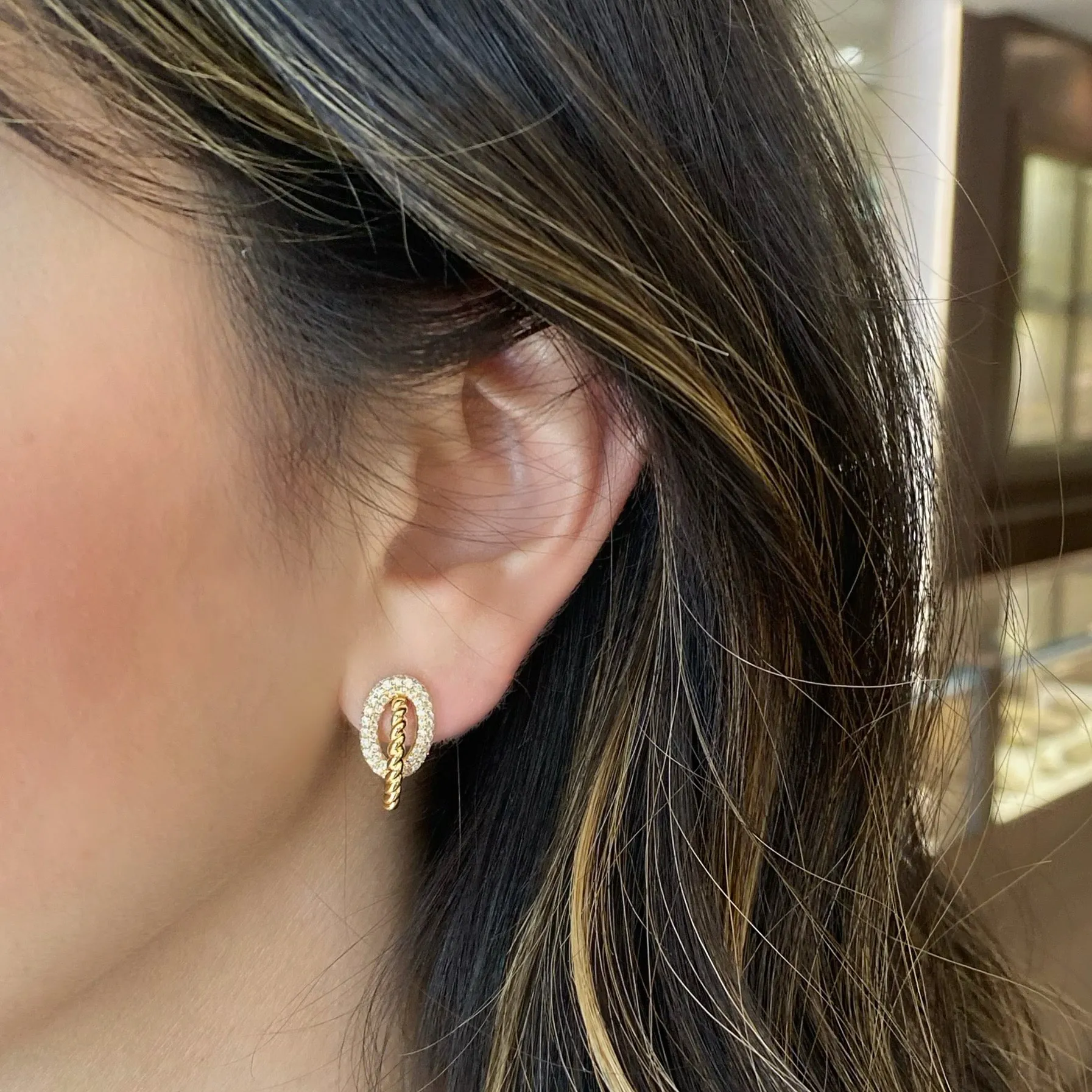 Diamond Oval & Gold Rope Stud Earrings