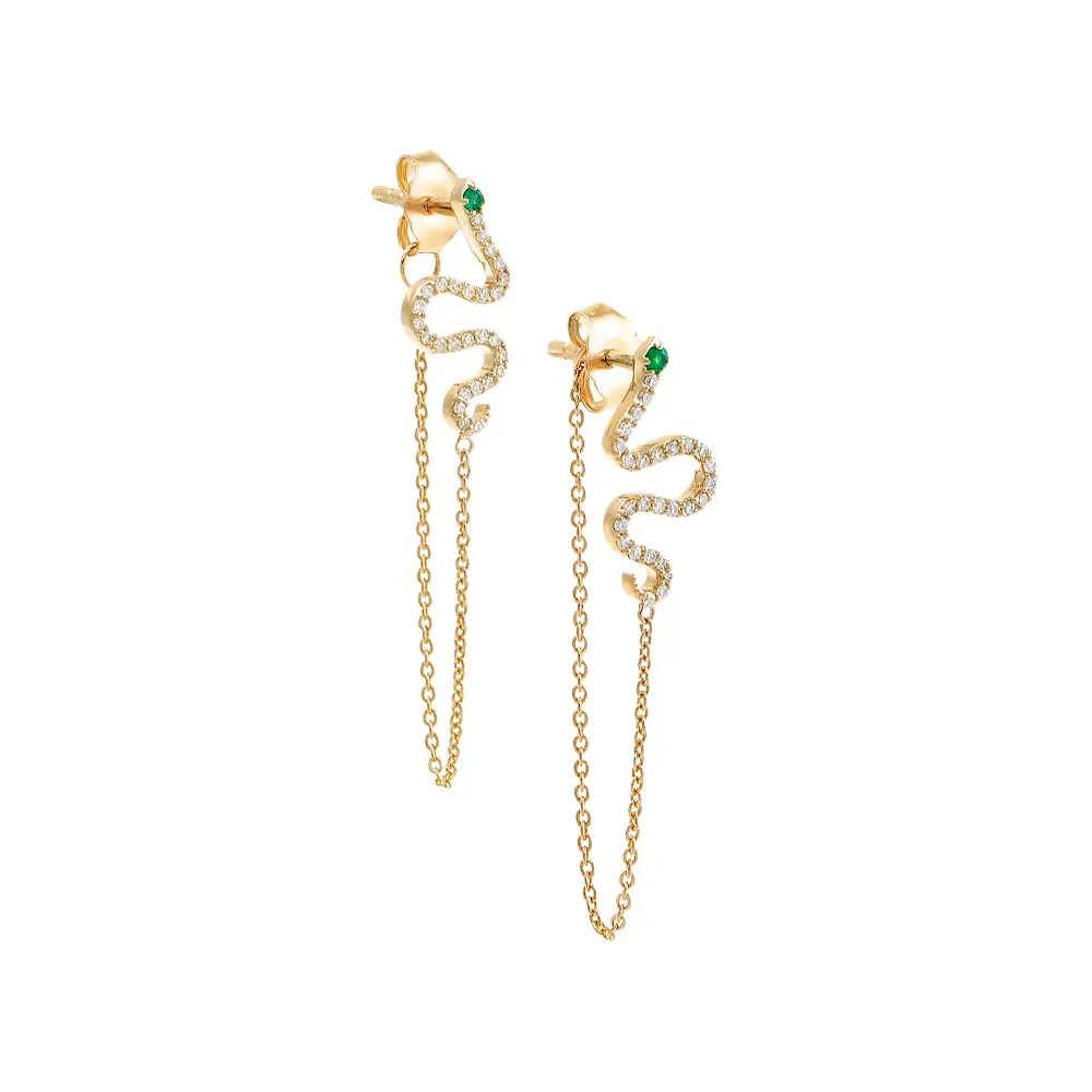 Diamond Pave Snake Drop Chain Stud Earring 14K