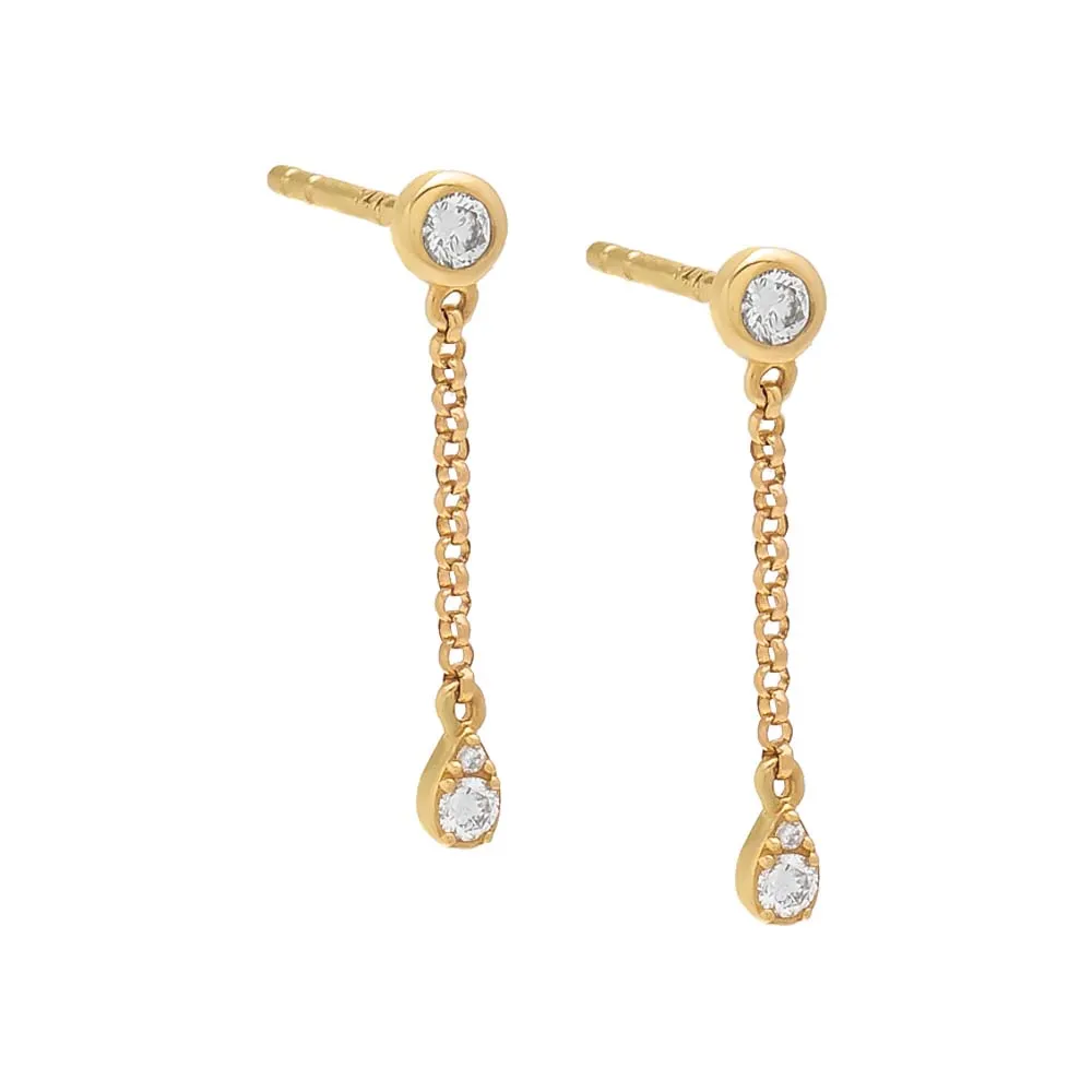 Diamond Round Bezel X Marquise Chain Drop Stud Earring 14K