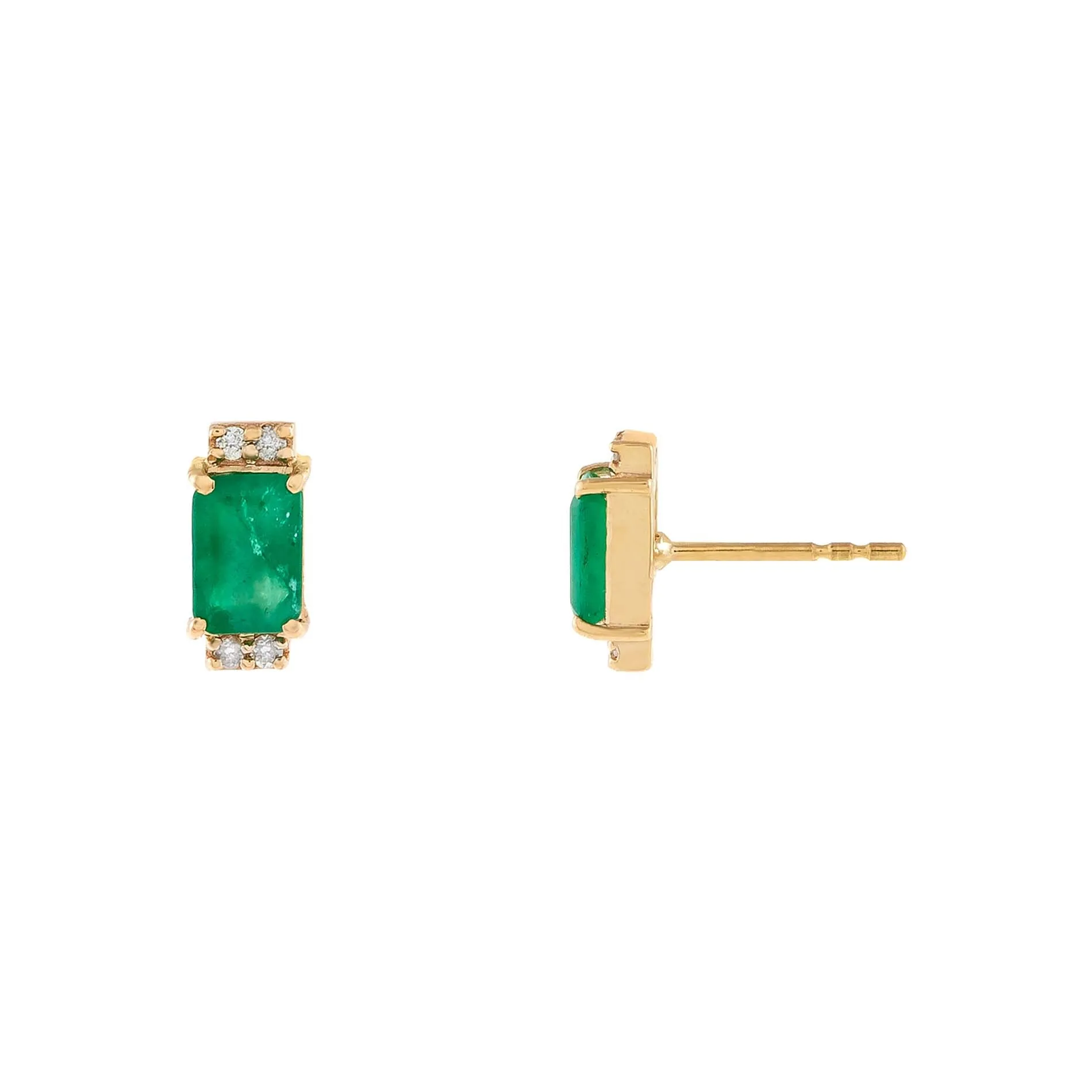 Diamond X Emerald Rectangle Stud Earring 14K