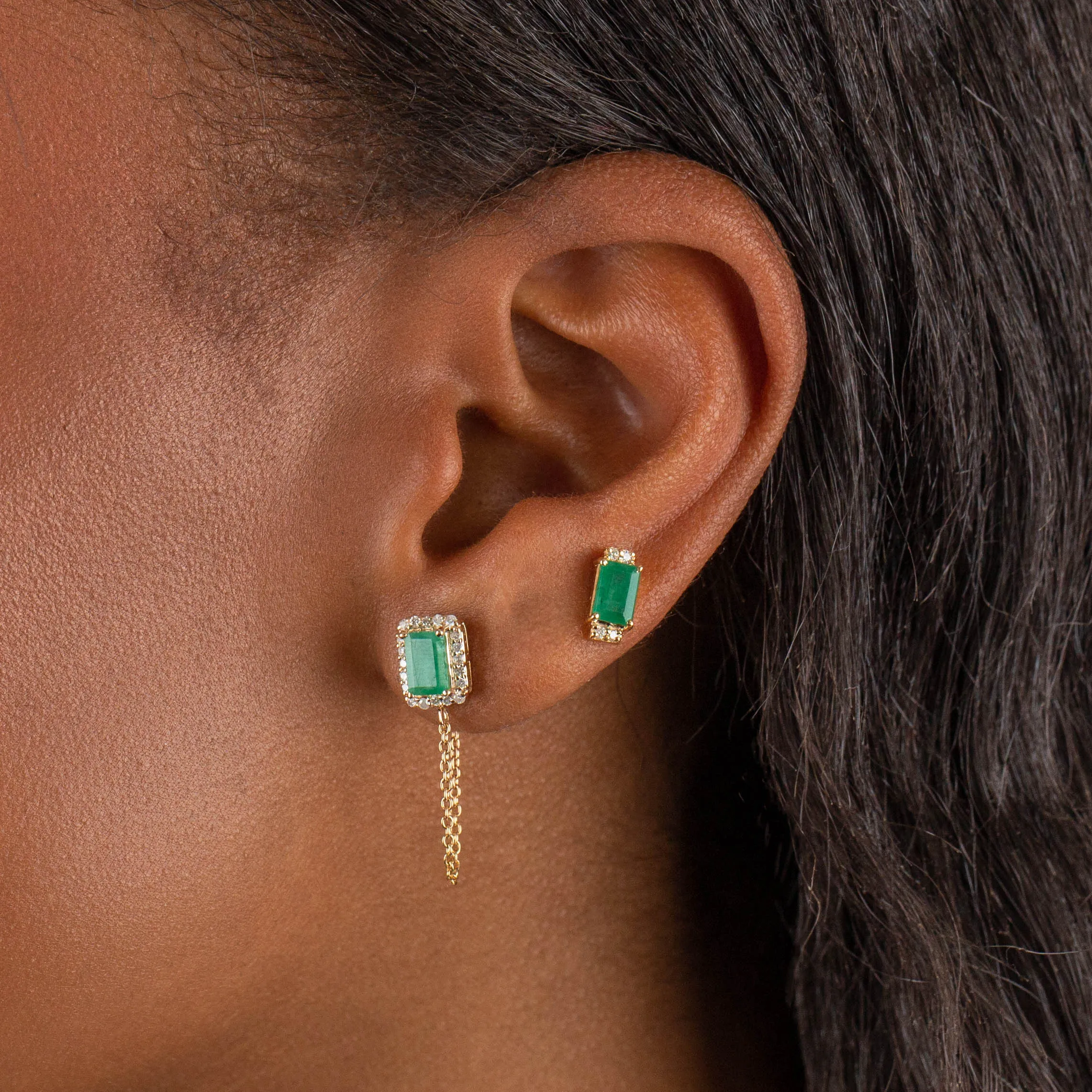 Diamond X Emerald Rectangle Stud Earring 14K