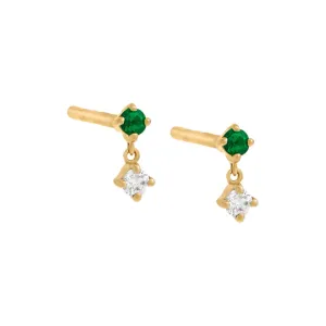 Diamond X Emerald Tiny Shaker Stud Earring 14K