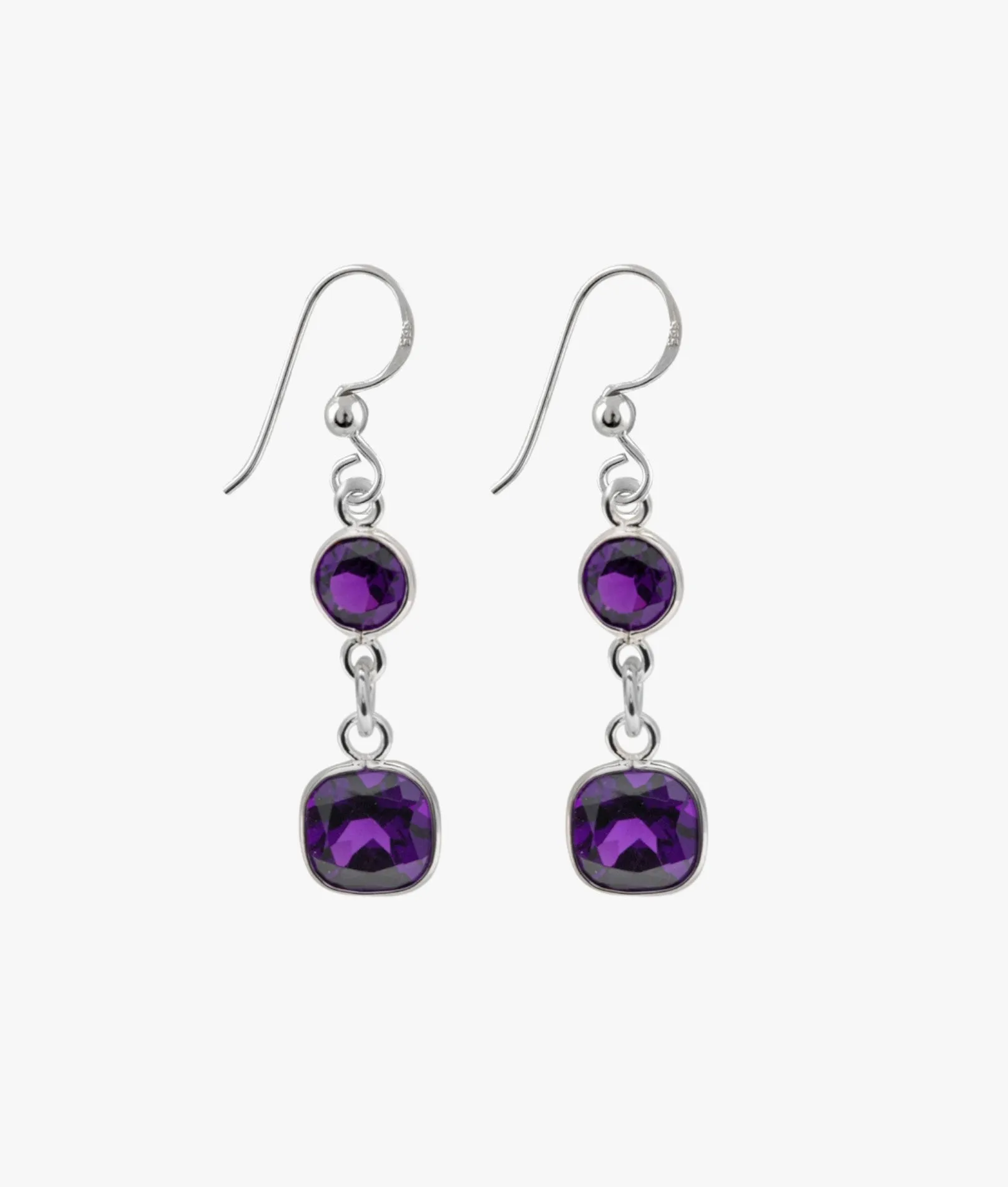 Double drop earrings with round & square amethyst