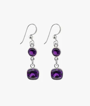 Double drop earrings with round & square amethyst