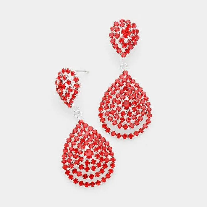 Double Teardrop Red Crystal Evening Earrings