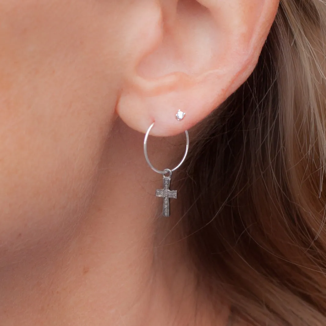 Earring Hoop with Diamond Cross Sterling Silver in Pave Setting