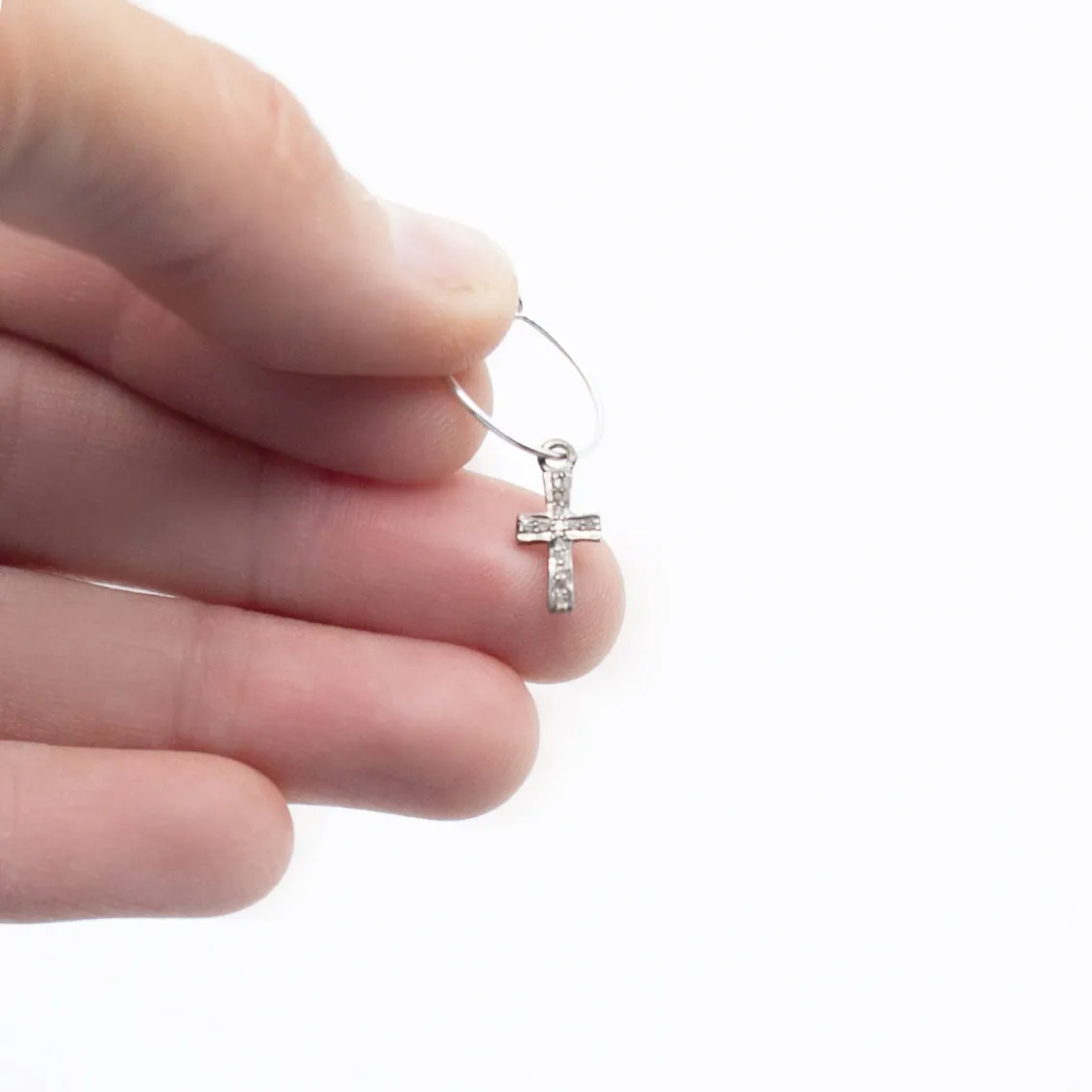 Earring Hoop with Diamond Cross Sterling Silver in Pave Setting