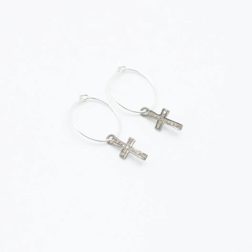 Earring Hoop with Diamond Cross Sterling Silver in Pave Setting