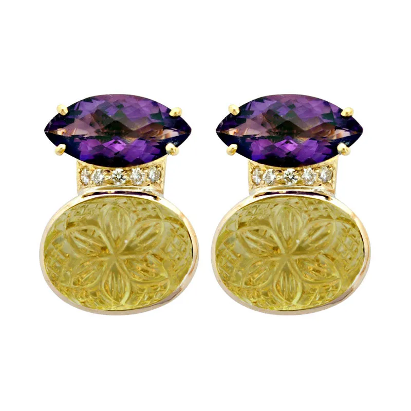 Earrings- Amethyst, Lemon Quartz And Diamond
