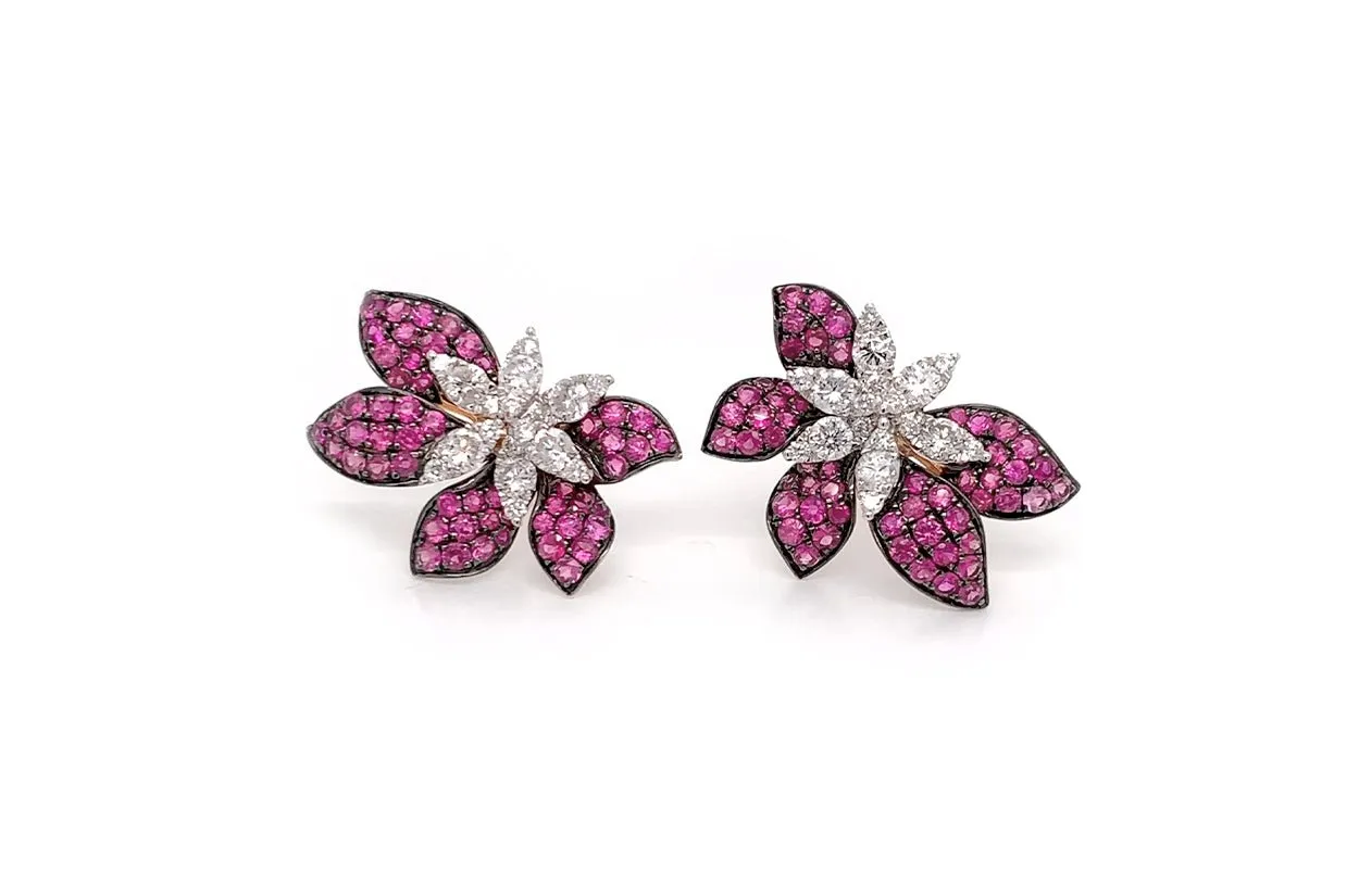 Earrings Flowers Ruby & Diamonds