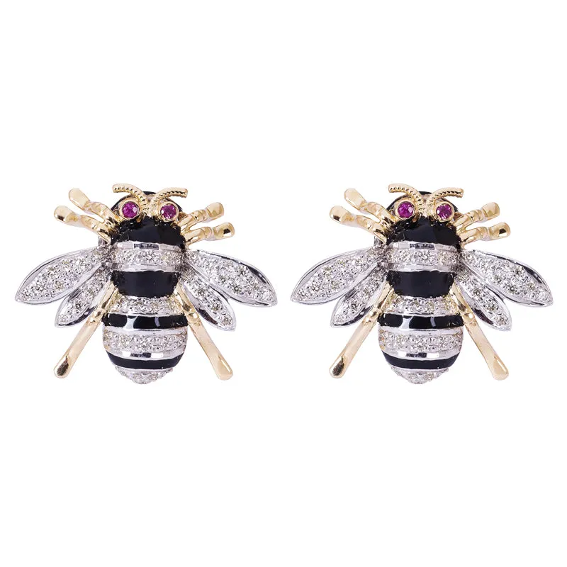 Earrings- Ruby and Diamond (Enamel) in Silver and Gold
