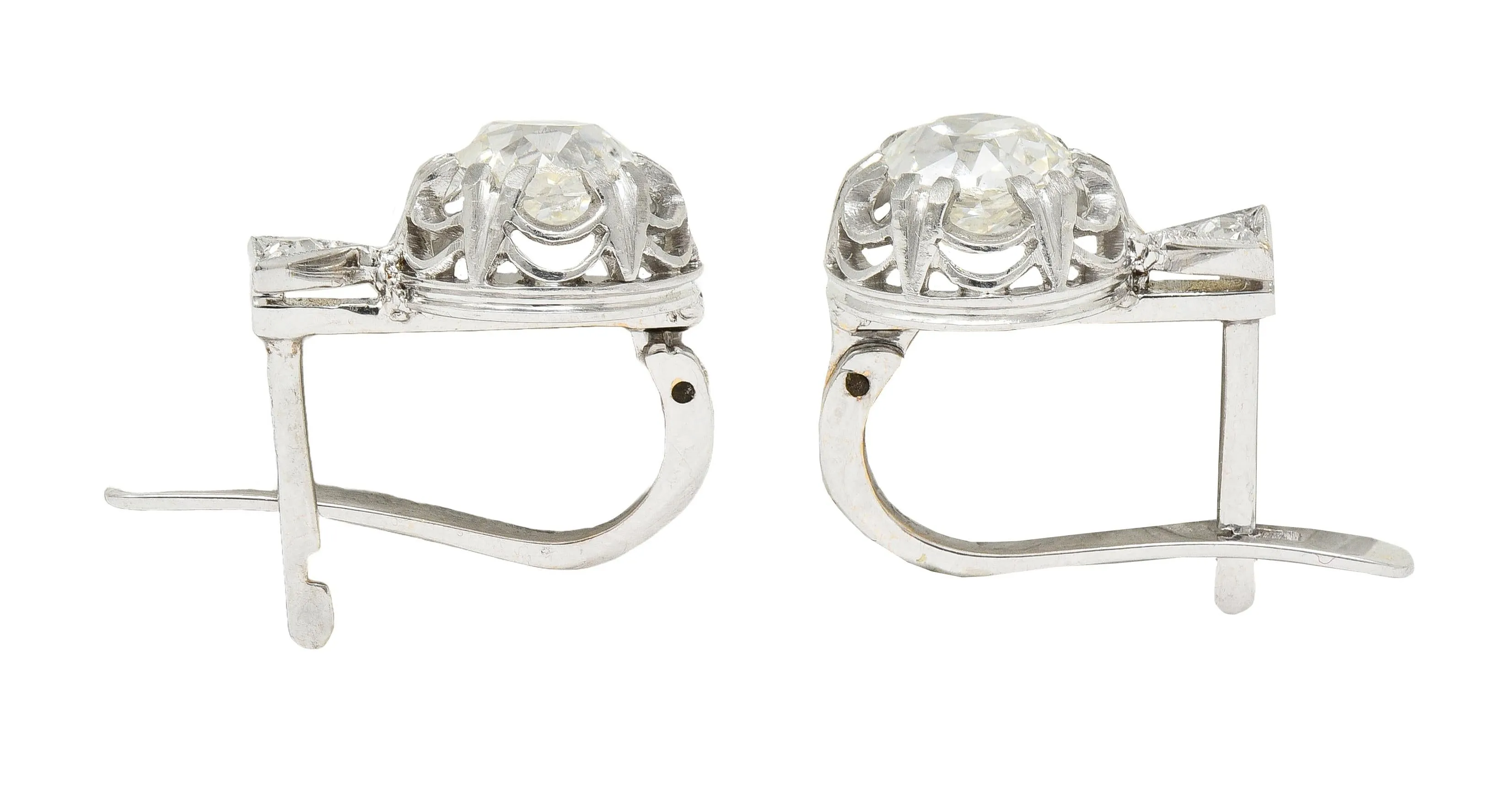 Edwardian 1.75 CTW Old Mine Diamond Platinum 18 Karat Gold Antique Huggie Earrings