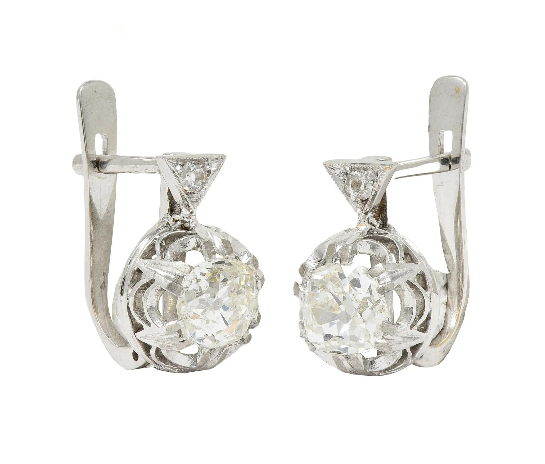 Edwardian 1.75 CTW Old Mine Diamond Platinum 18 Karat Gold Antique Huggie Earrings