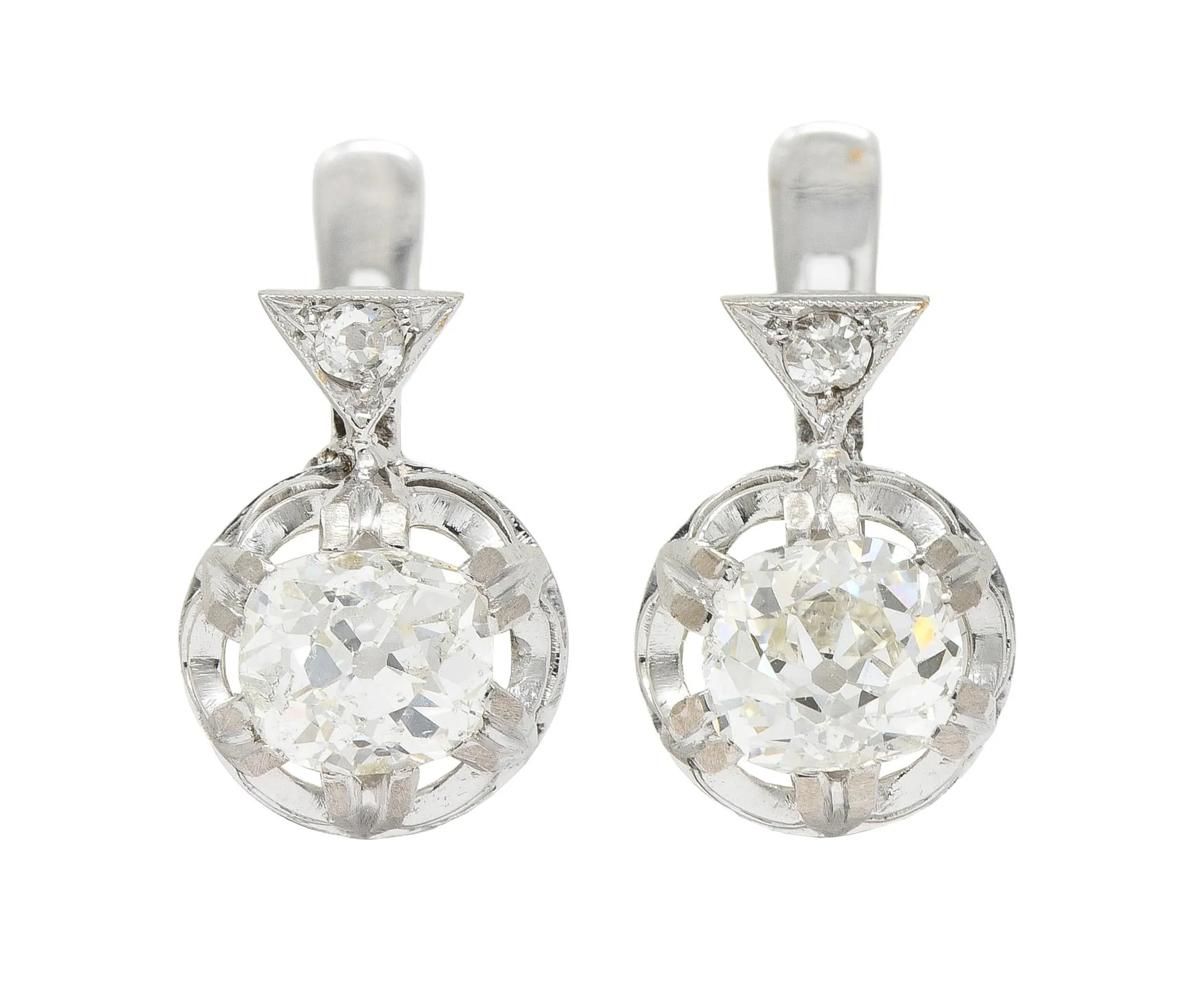 Edwardian 1.75 CTW Old Mine Diamond Platinum 18 Karat Gold Antique Huggie Earrings