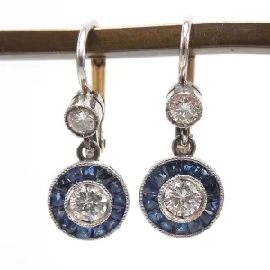 Edwardian Diamond and Sapphire Halo Earrings in Platinum and 18K Yellow Gold