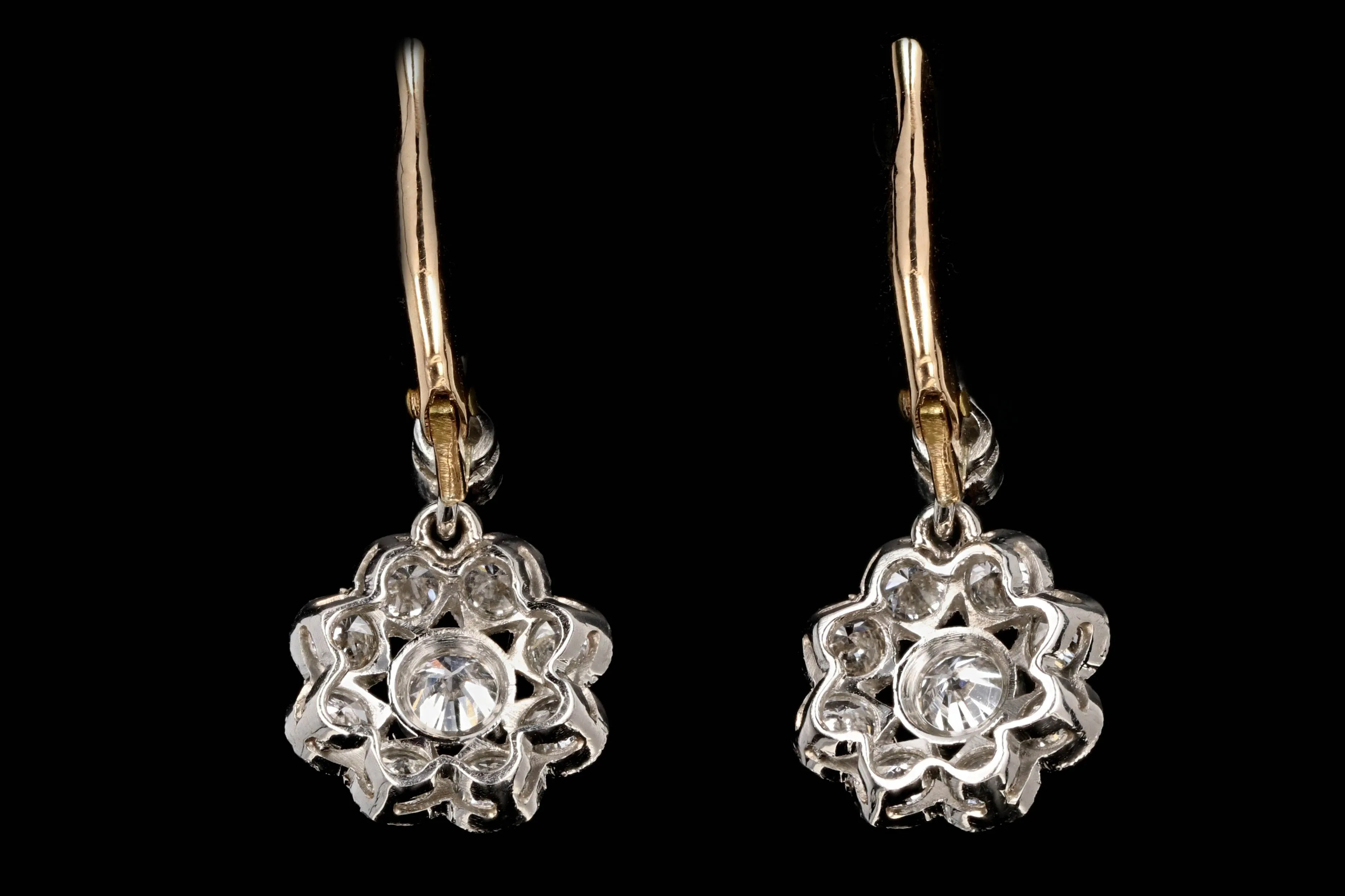 Edwardian Style Platinum and 18K Yellow Gold Diamond Cluster Earrings