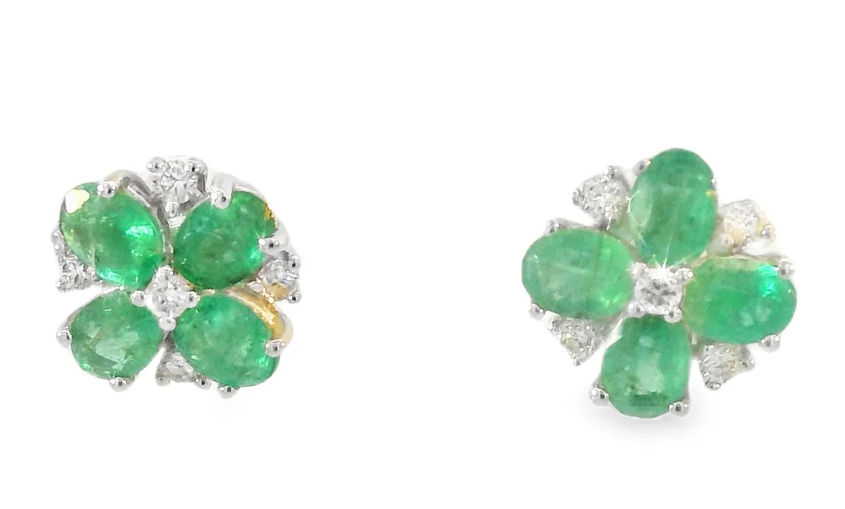 Elegant Estate 14K White Gold Emerald Diamond Flower Floral Stud Earrings