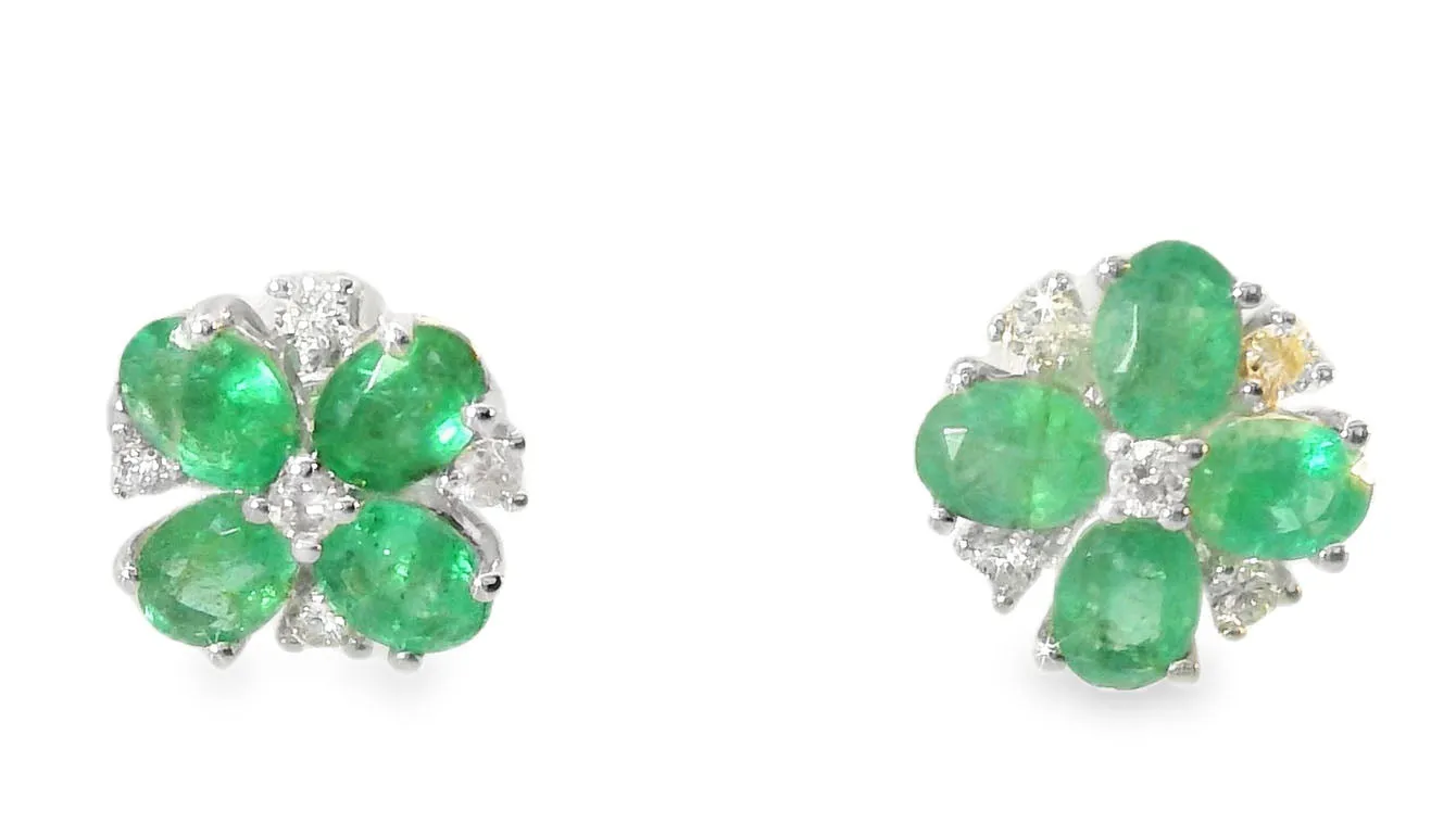 Elegant Estate 14K White Gold Emerald Diamond Flower Floral Stud Earrings