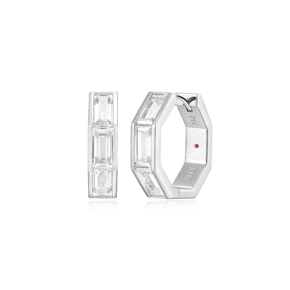 Elle Baguette Sterling Silver Rhodium Plated CZ Hoop Earrings