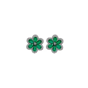 Emerald & Diamond Flower Stud Earring in White Gold