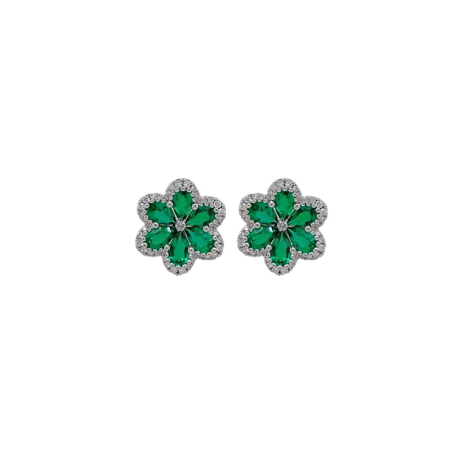 Emerald & Diamond Flower Stud Earring in White Gold