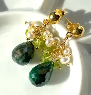 Emerald and Peridot Pearl Cluster Earrings Gold