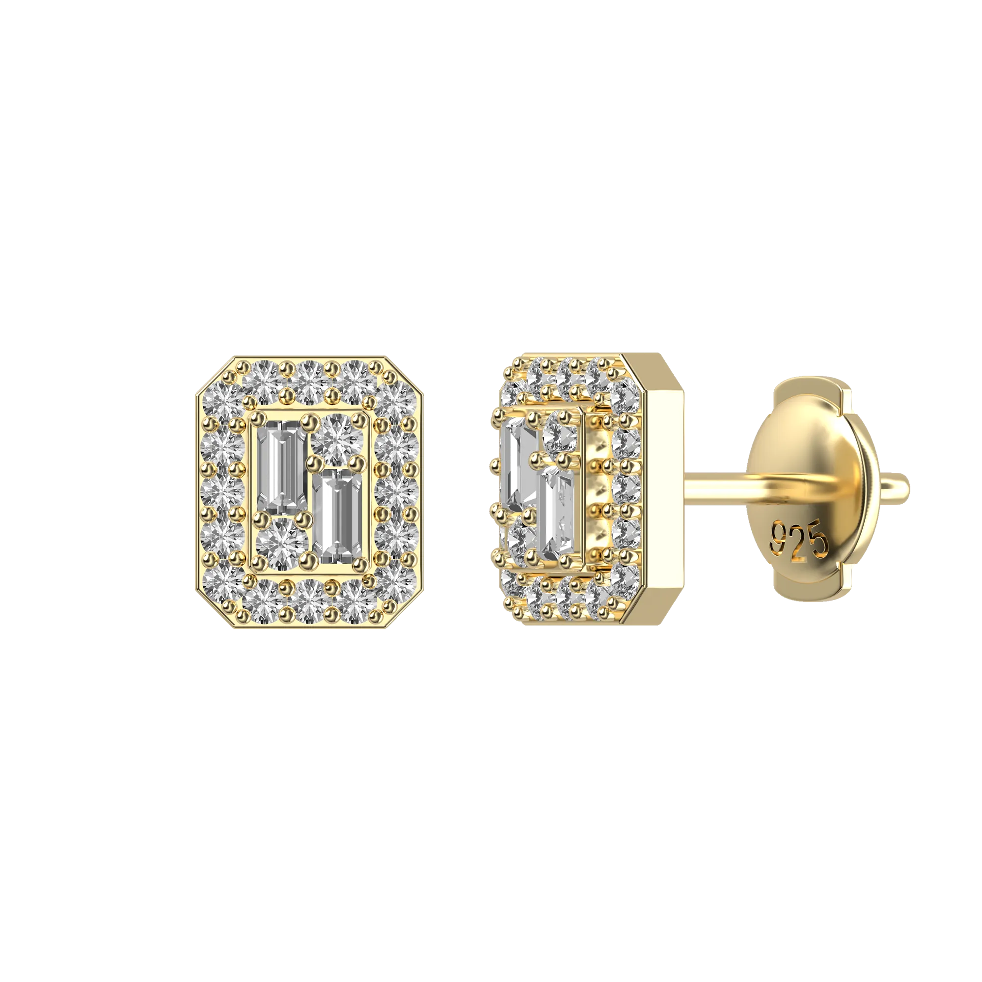 Emerald Cut Mix Halo Stud Earrings - Pair