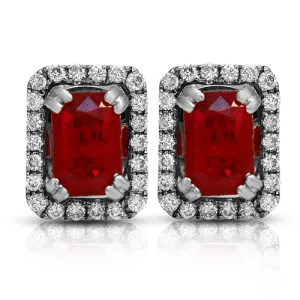 EMERALD-CUT RUBY AND DIAMOND HALO STUD JACKET EARRINGS IN 18K WHITE GOLD